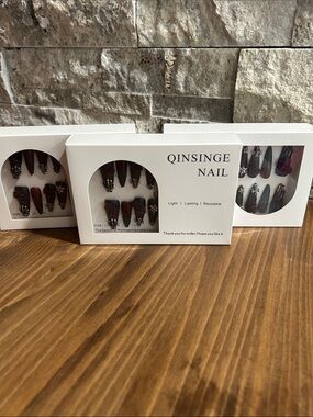 Gothic QINSINGE Nail Press-On Set in Deep Burgundy with Glitter NIB 3 boxes